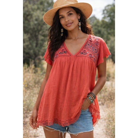 Women Boho Embroidered Peasant Top Coral Red V-Neck Flutter Sleeve Tunic Size XL - Picture 2 of 8